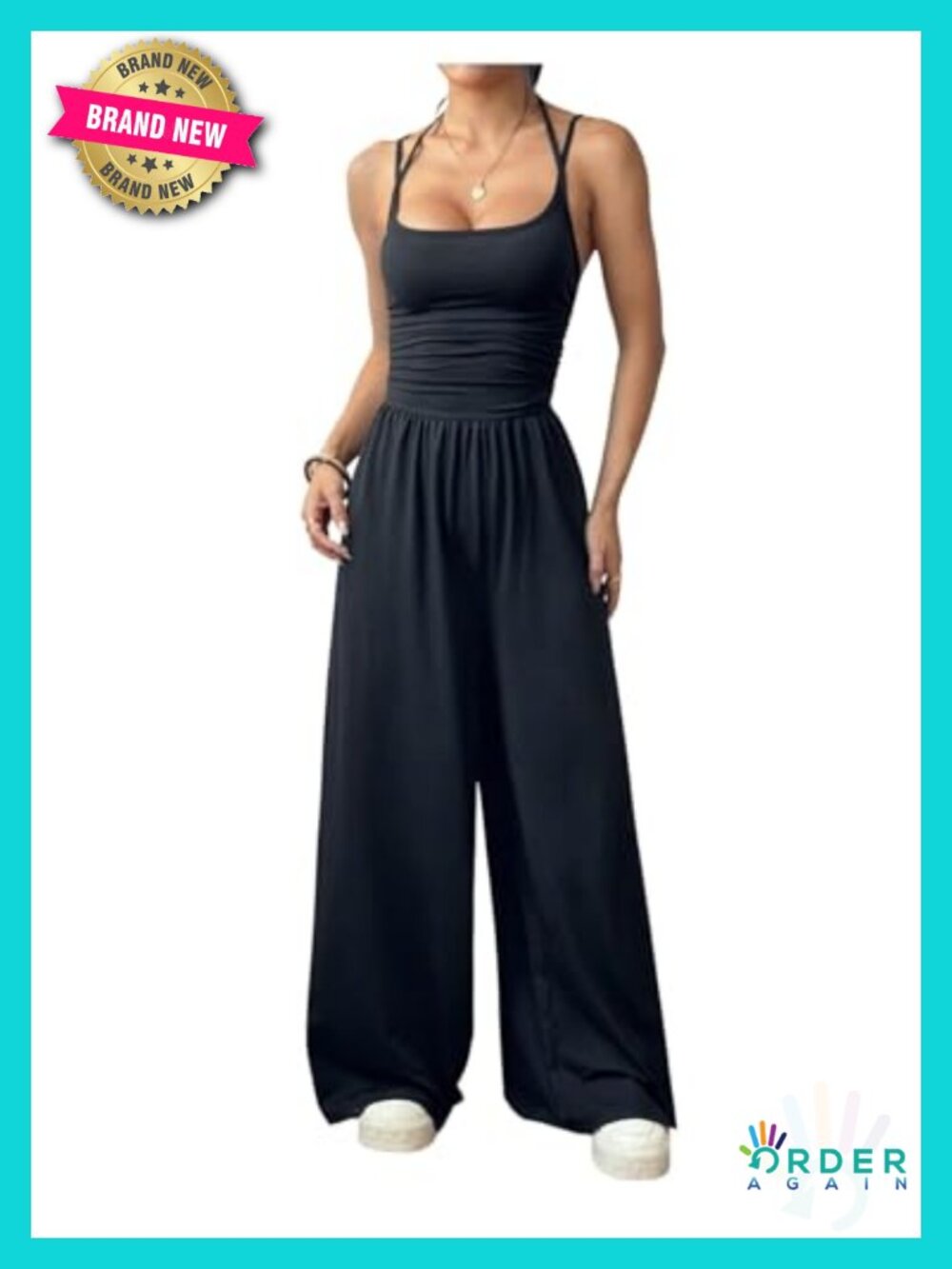 Sleeveless Square Neck Wide Leg Jumpsuit Romper Ruched Detail